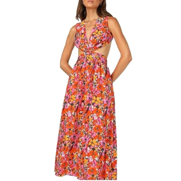 All About May Long Elle Dress 10 Large Halter Tie Back Floral Cut Out Floral - Picture 4 of 11